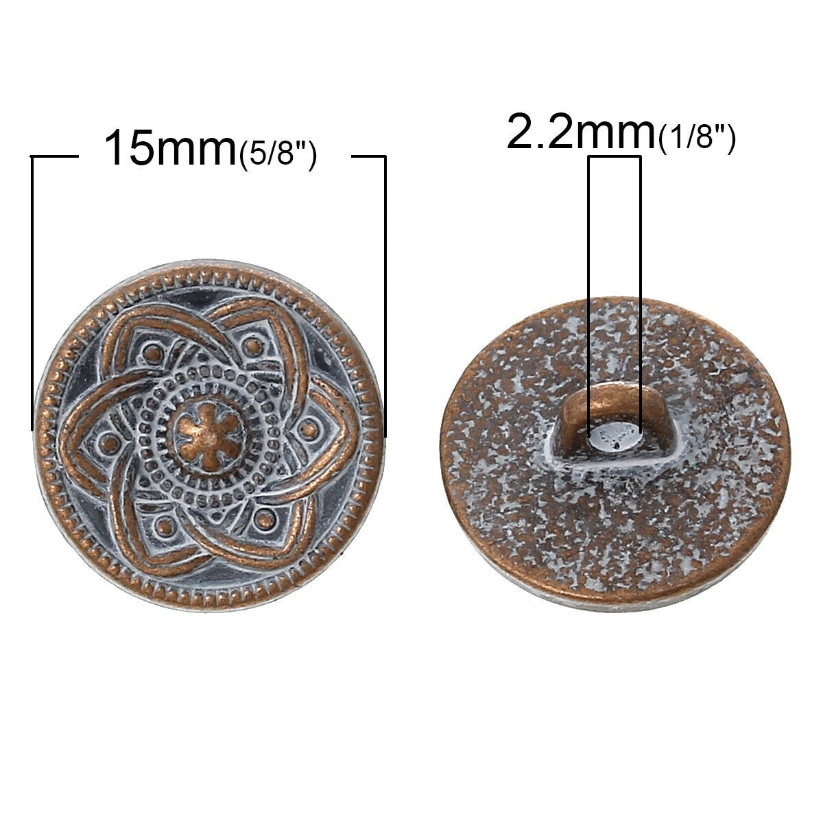 Metal shank sewing buttons - round antique copper white patina - 15mm - metal buttons - shank buttons (55751)