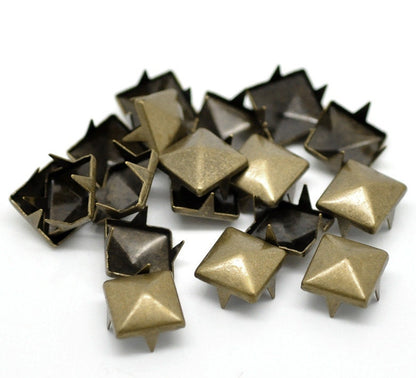 100 Antique Bronze Cone Rivet Stud Spikes - 9mm (3/8") - Square Pyramid - Metal - 4 Legs - Rivets Studs Spike (B18723)