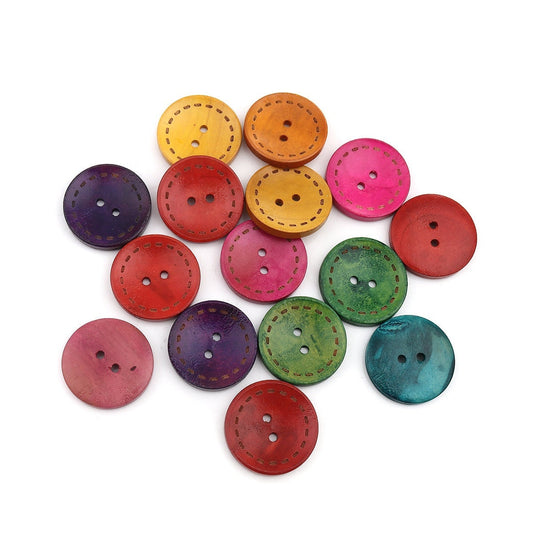 1 inch mixed color wooden buttons - stitch design - 25mm (1 inch)-  mixed colors - 2 hole - mixed wood button (b0251696)