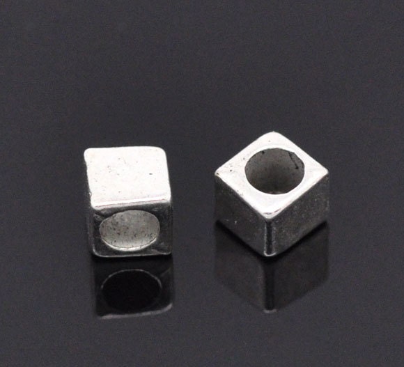10  Silver Slider Spacer Beads - 4mm x 4mm -  Silver Slider Bead for Leather Cord or Bracelet (B03791)