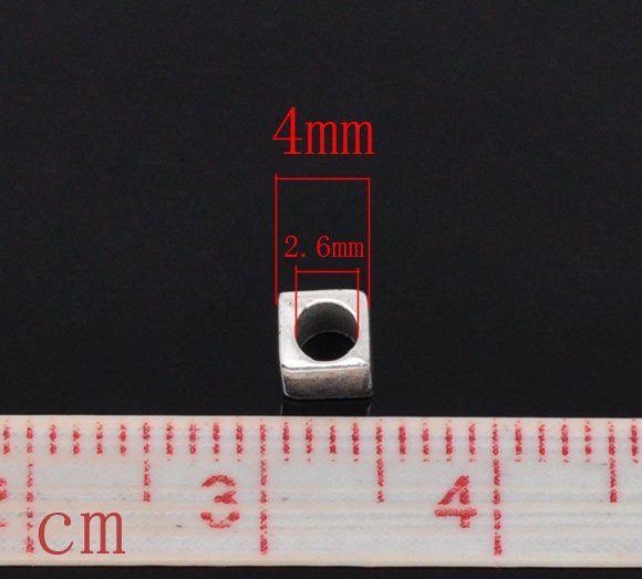 10  Silver Slider Spacer Beads - 4mm x 4mm -  Silver Slider Bead for Leather Cord or Bracelet (B03791)