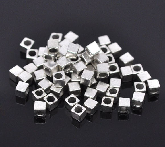 10  Silver Slider Spacer Beads - 4mm x 4mm -  Silver Slider Bead for Leather Cord or Bracelet (B03791)