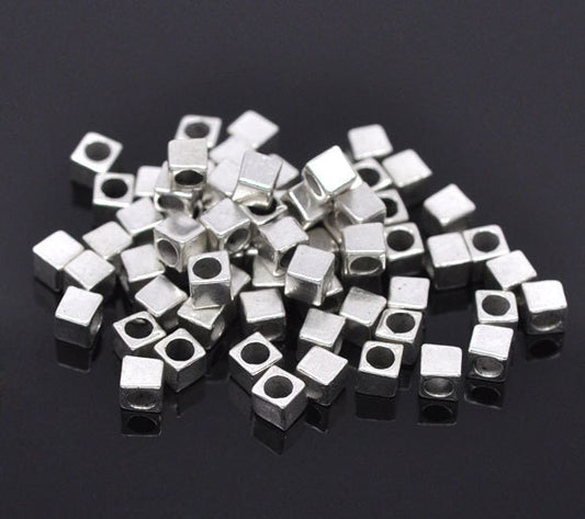 10 Silver Slider Spacer Beads - 4mm x 4mm -  Silver Slider Bead for Leather Cord or Bracelet (B03791)