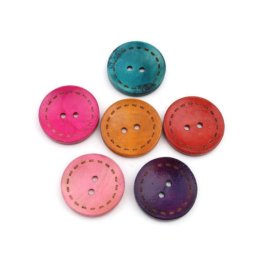 1 inch mixed color wooden buttons - stitch design - 25mm (1 inch)-  mixed colors - 2 hole - mixed wood button (b0251696)