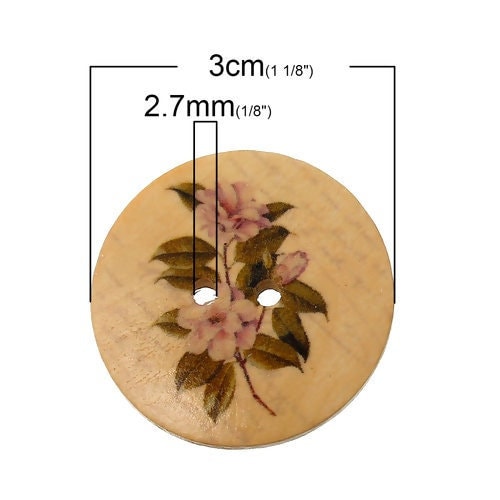Flower Design Wooden Buttons - Natural Background - 30mm - 2 Hole - Wood Button (057)