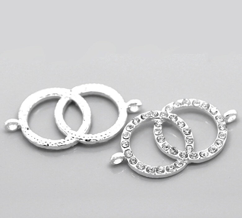2 Rhinestone Double Dual Ring Connector Charm - Silver Finish - Crystal Rhinestones - 4.2cm x 2.2cm (1 5/8"x7/8") (20858)