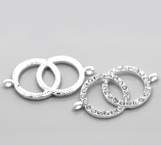 2 Rhinestone Double Dual Ring Connector Charm - Silver Finish - Crystal Rhinestones - 4.2cm x 2.2cm (1 5/8"x7/8") (20858)