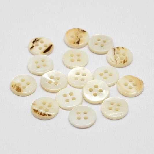 Shell Buttons - 11mm X 2mm - 4 Hole - Flat Natural Shell Buttons - Hole:  1.5mm (butt-p012-06-p)