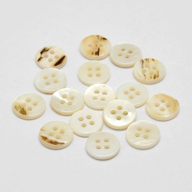 Shell Buttons - 11mm X 2mm - 4 Hole - Flat Natural Shell Buttons - Hole:  1.5mm (butt-p012-06-p)