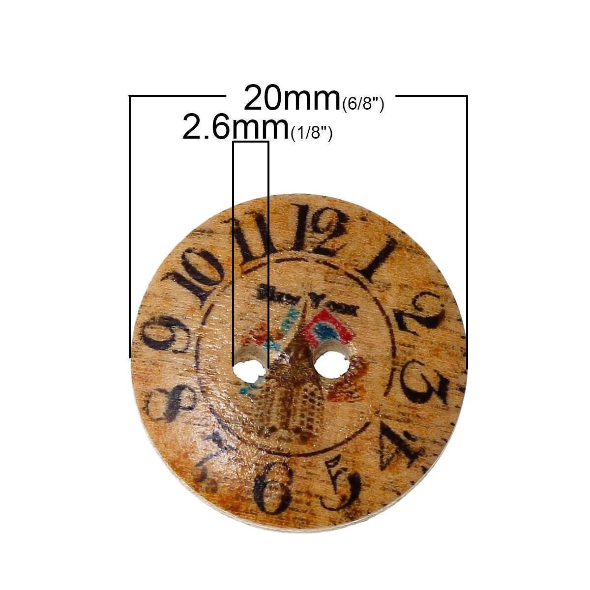 10 Mixed Wooden Buttons - Clock Designs - 20mm (3/4 Inch) - 2 Hole - Assorted Mixed Watch Design Wood Button (52154)