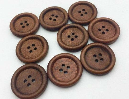 Brown Wooden Buttons - 25mm (1 Inch) - 4 Holes -  Round Sewing Wood Buttons