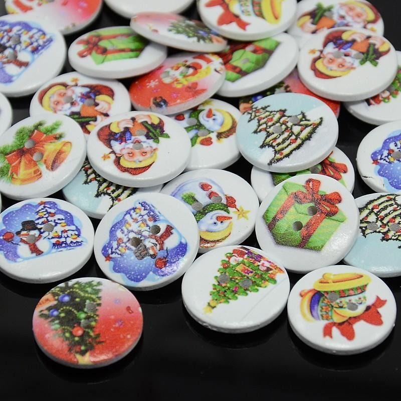 Christmas Buttons - Wooden Button - 13mm - Assorted Holiday Designs - 2 Hole - Randomly Mixed Wood Button (p001-13mm-m))