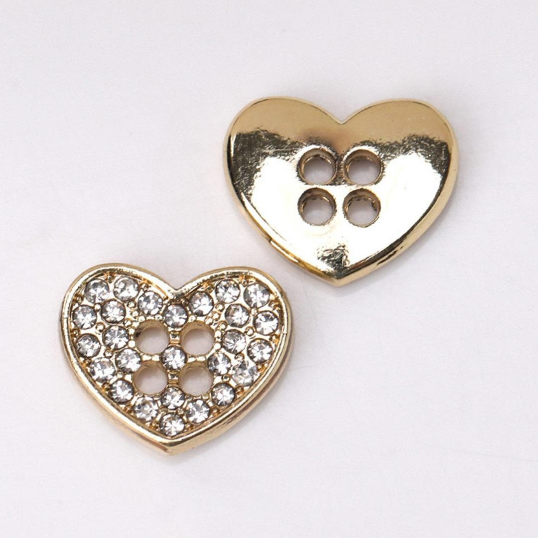 Gold Heart Buttons With Rhinestones - 12mm X 10mm - 2 Hole - Mini Gold Heart Button (221)