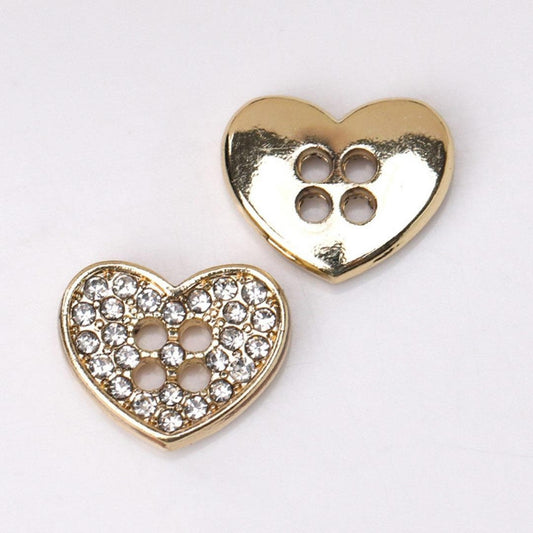 Gold Heart Buttons With Rhinestones - 12mm X 10mm - 2 Hole - Mini Gold Heart Button (221)
