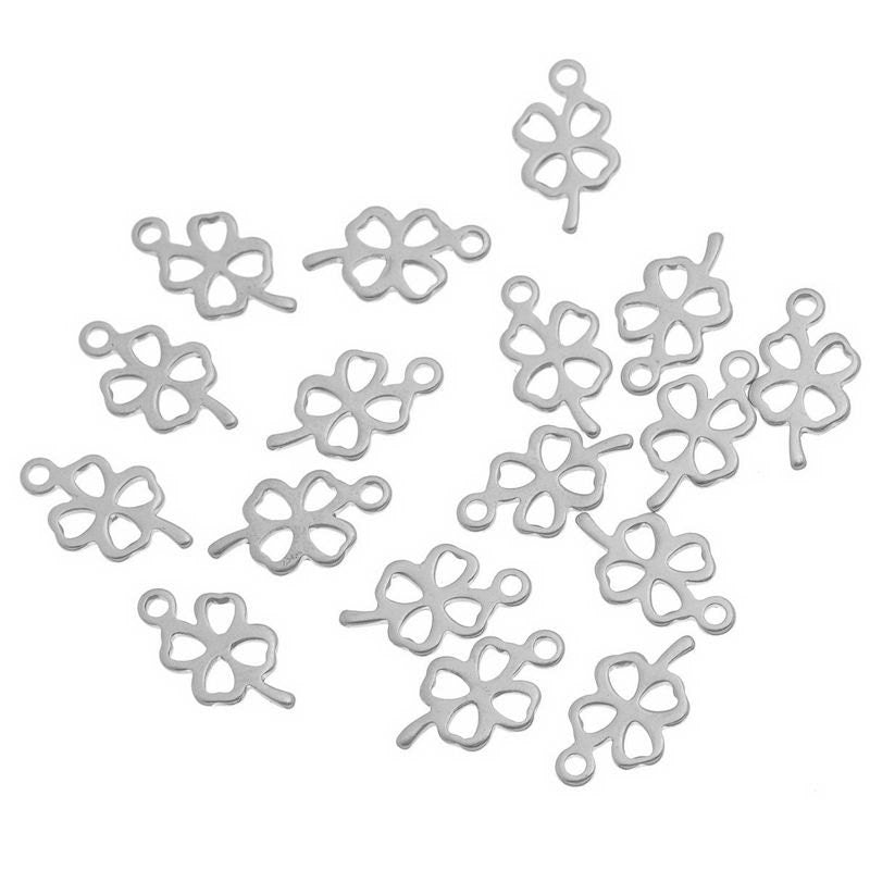 2 Stainless Steel Charms Pendants - Clover - 12mm x7mm(1/2" x 1/4") - Silver Finish - Metal Charm or Pendants (28776)