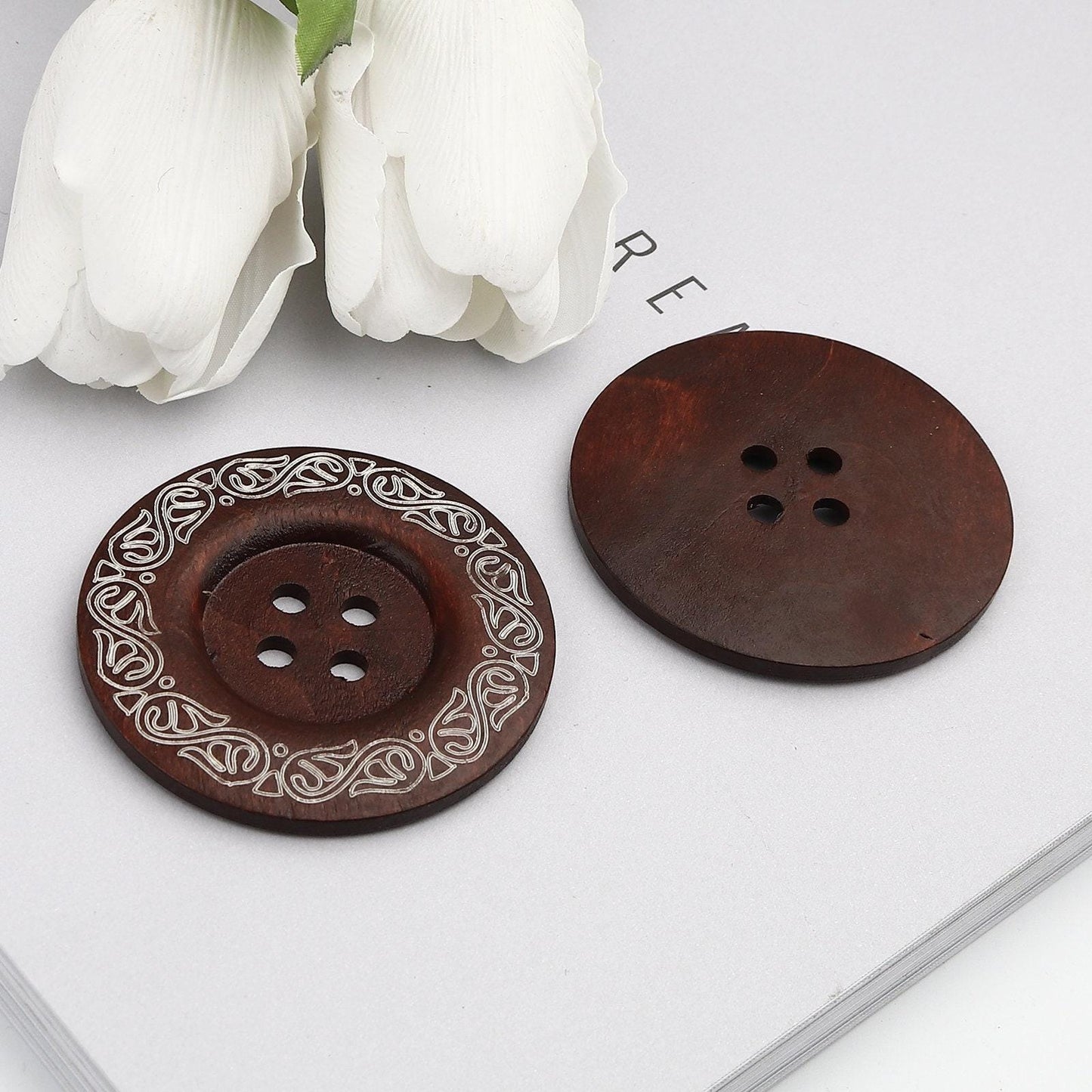 Extra Large Wooden Button -  Brown Finish - 2 3/8 Inch - 6cm - Wood Buttons - Decorative  (908)