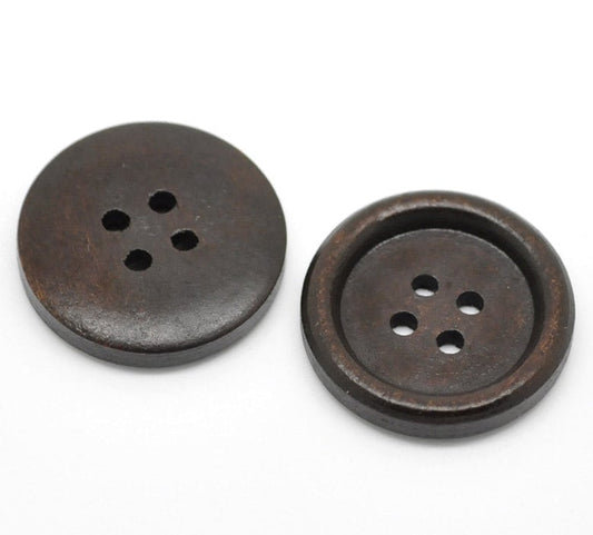 Dark Brown Wood Buttons - 25mm - 4 Holes - Round Wooden Sewing Buttons (19498)