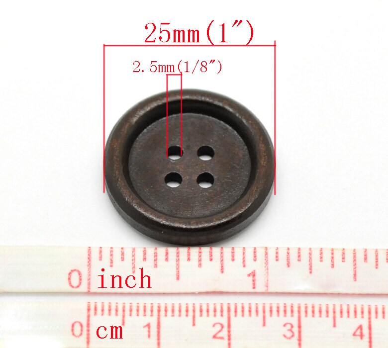 Dark Brown Wood Buttons - 25mm - 4 Holes - Round Wooden Sewing Buttons (19498)