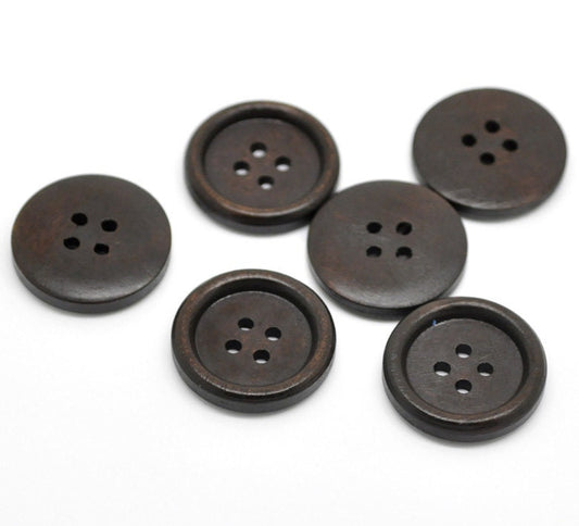 10 Dark Brown Coffee Wooden Button - 25mm - 1 inch -  4 hole - Wood Buttons (19498)