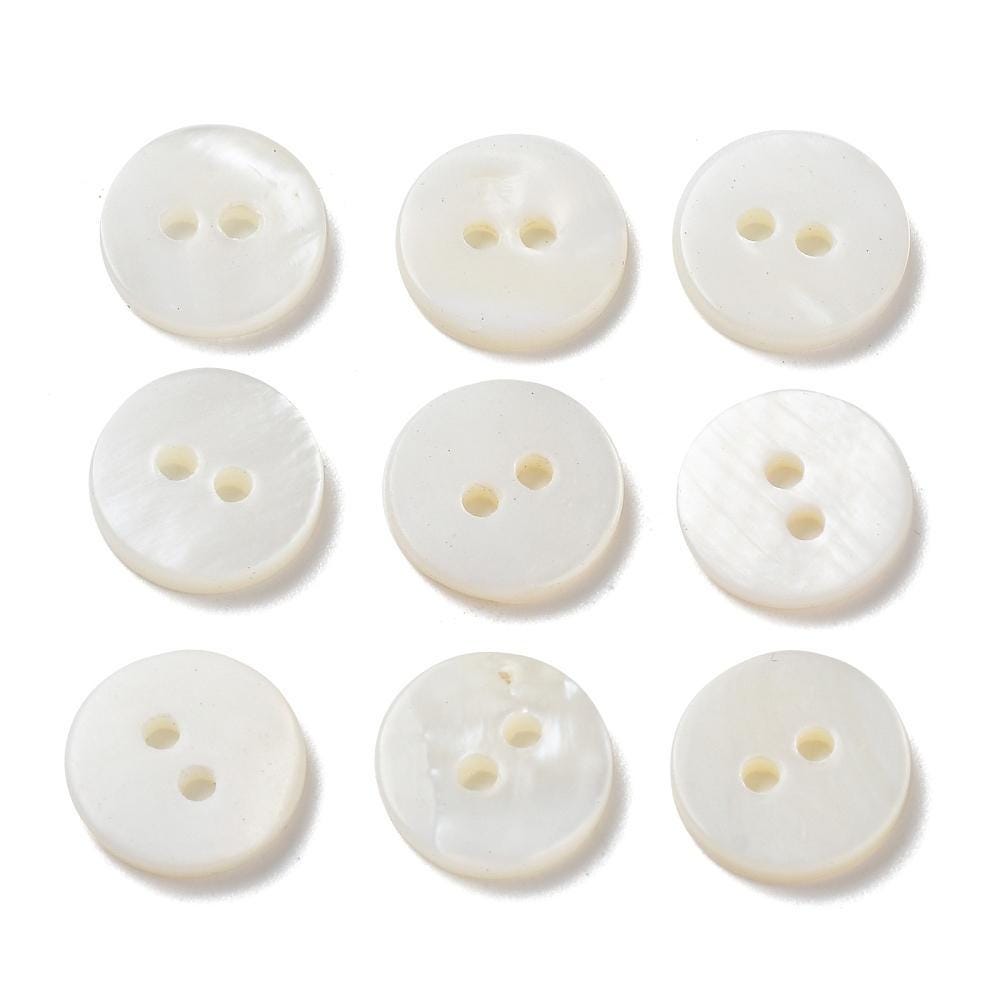 White Natural Shell Buttons - Mother Of Pearl Mop - 10mm 2 Hole - Flat Natural Shell Buttons (06)