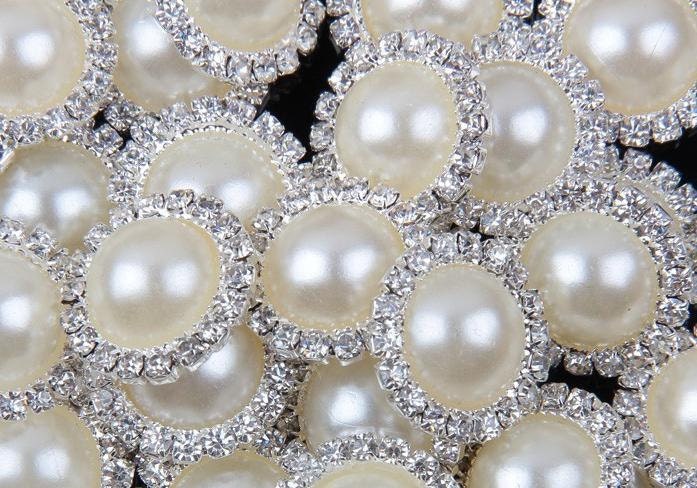 20 Ivory White Pearl Rhinestone Flatback Button - Silver - 18mm Metal Button - Pearl Rhinestone Buttons - Hair Bow Centers (PWRB-S020-07)