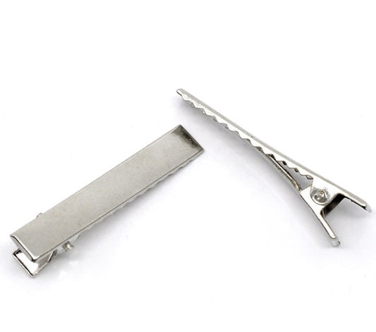 25 Alligator Hair Clips with Teeth - Single Prong - Silver -  46mm x 8mm - Hair Clip Accessories - Silver Hair Clip (10403)