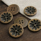 Brown Wooden Buttons - Intricate Flower Carvings -18mm - 4 Holes - Round Sewing