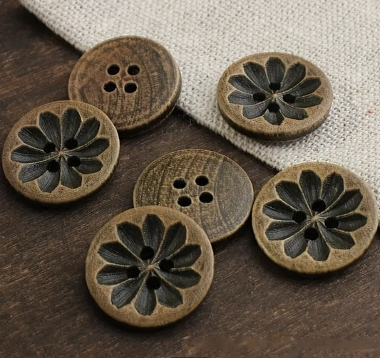 Brown Wooden Buttons - Intricate Flower Carvings -18mm - 4 Holes - Round Sewing