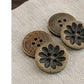 Brown Wooden Buttons - Intricate Flower Carvings -18mm - 4 Holes - Round Sewing