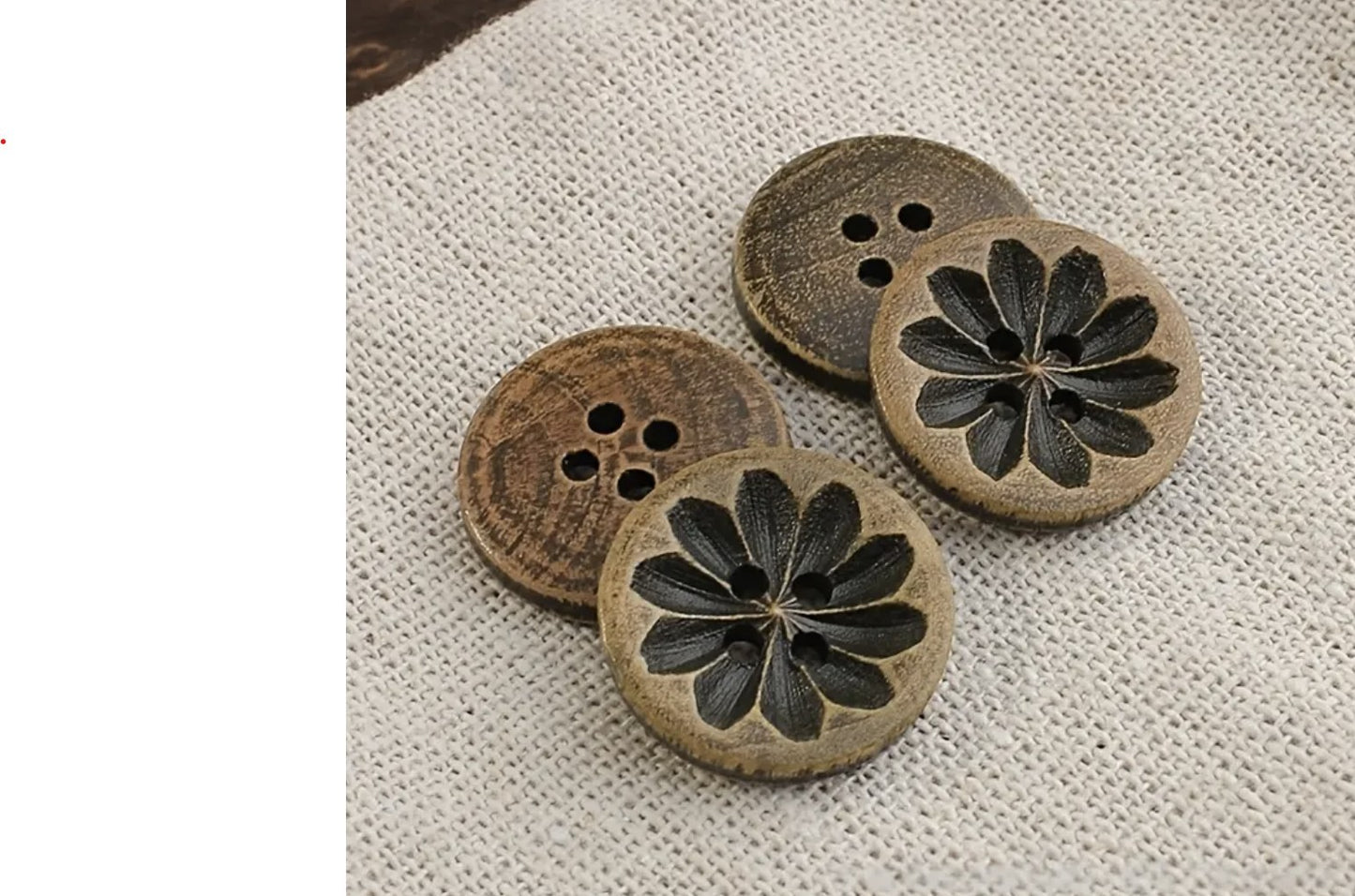 Brown Wooden Buttons - Intricate Flower Carvings -18mm - 4 Holes - Round Sewing