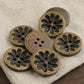 Brown Wooden Buttons - Intricate Flower Carvings -18mm - 4 Holes - Round Sewing