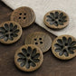Brown Wooden Buttons - Intricate Flower Carvings -18mm - 4 Holes - Round Sewing
