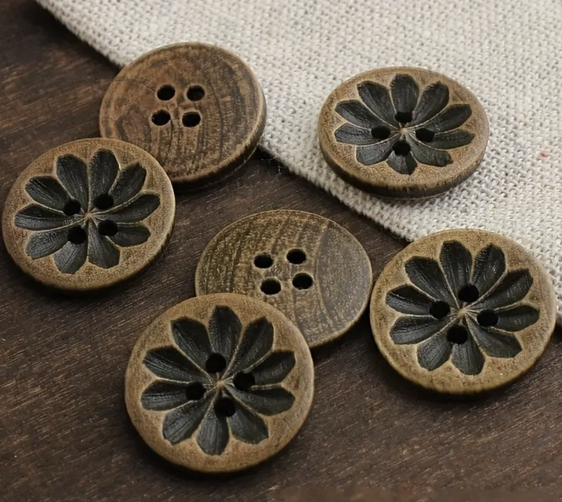 Brown Wooden Buttons - Intricate Flower Carvings -18mm - 4 Holes - Round Sewing