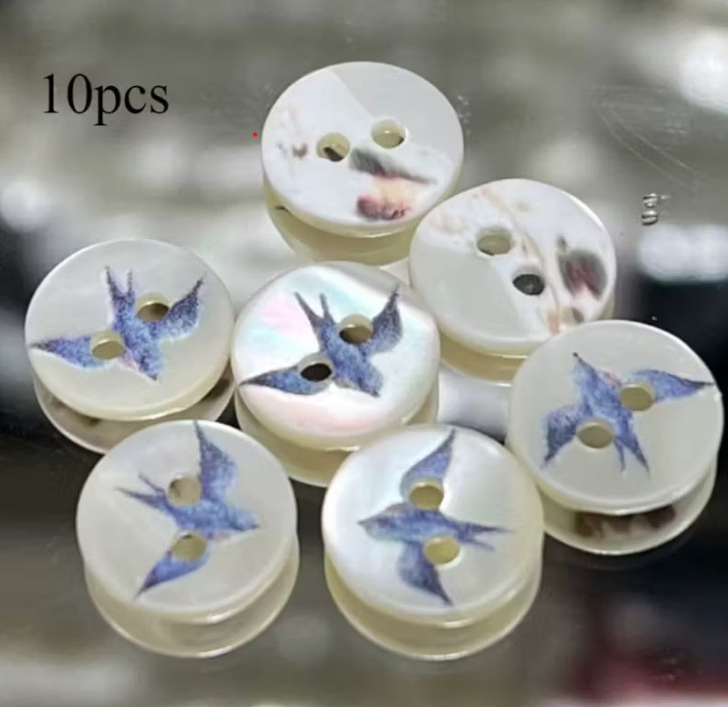 White Shell Button 5 White Shell buttons with Blue Bird - 11.5mm - Mother of Pearl Shell ...