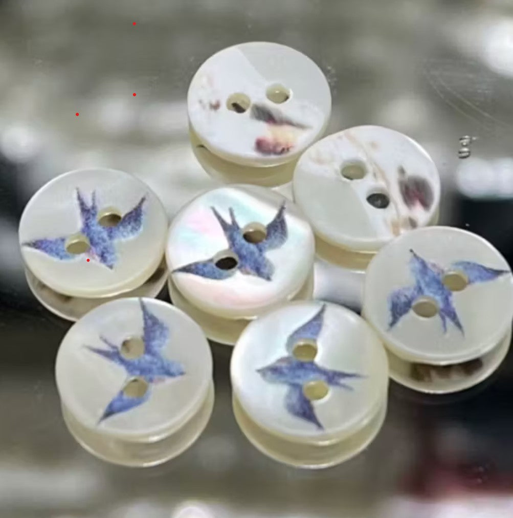 5 White Shell buttons with Blue Bird - 11.5mm - Mother of Pearl Shell ...